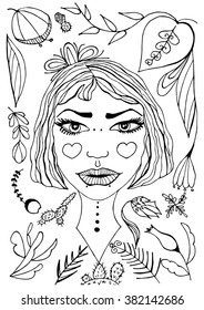 Illustration graphics girl face in plants