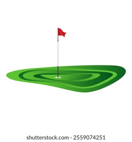 illustration graphics a golf green with a red flag with a white pole with a small dimple pattern in the hole against a light gray background with isolated white background