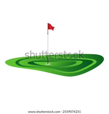 illustration graphics a golf green with a red flag with a white pole with a small dimple pattern in the hole against a light gray background with isolated white background