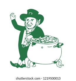 Illustration graphics showing a drawing of a green Irish Leprechaun,  type of fairy of the Aos Si in Irish folklore standing by pot of gold and waving on white background.