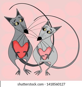 Illustration, graphics - Two lovers gray mice with hearts in their paws look at each other on a pink background - the year of the rat, the Chinese horoscope, vector