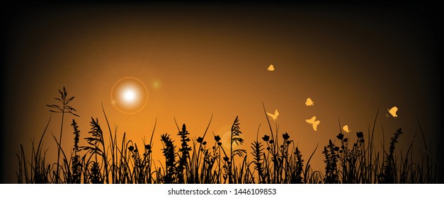 illustration with grass and butterlies on orange background