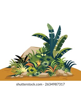 Illustration of grass in spring growing abundantly among rocks. The dominant color is green, piled up on top of the brown soil.