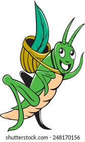 Illustration of a grasshopper carrying basket with grass waving hello viewed from the side set on isolated white background done in cartoon style. 