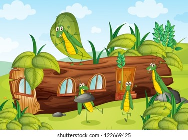 Illustration of grasshoppers and a house in a beautiful nature