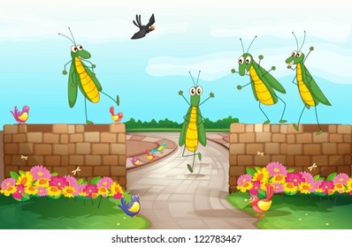 Illustration of grasshoppers near the wall