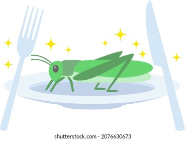 Ilustración de saltamontes en un plato como alimento para insectos