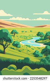illustration of grassland landscape view, Meadows, hills and mountains background in flat color vector style