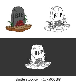 illustration of a grave with images of gravestones and roses