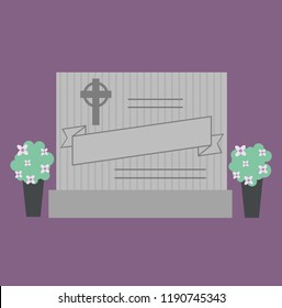 Illustration of a Grave Stone with Flowers in the Cemetery