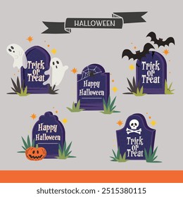 Ilustração com túmulos e diferentes elementos de decoração halloween