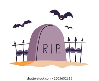 Illustration of a gravestone with bats flying around in a flat cartoon style, isolated on a white background. Vector illustration is ideal for Halloween decorations, spooky scenes, and horror themes.