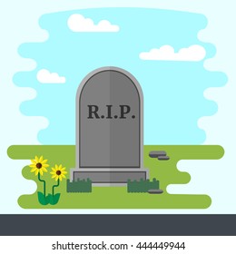 Illustration of gravestone on green grass with flowers. Flat design vector tombstone.