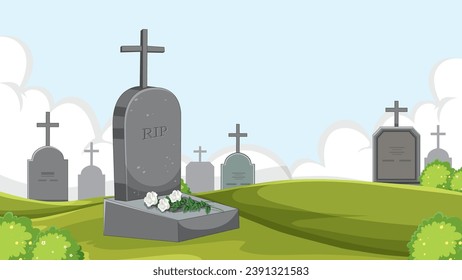 Illustration of a graveyard with numerous tombstones during the day