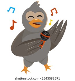 Ilustración de un personaje de pájaro gris cantando mientras sostiene un micrófono