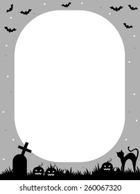 Illustration of a gray and black Halloween frame with bats, graves and a cat