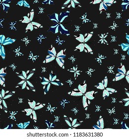 Illustration in gray, blue and black colors. In vintage style. Seamless pattern of Hand Drawn silhouette butterflies with watercolor texture. Vector illustration.