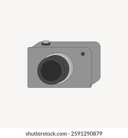 Illustration of a gray camera with a large lens and a button on top, set against a plain white background. Simple camera design, camera icon, camera graphic. Vector illustration.