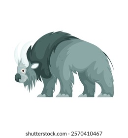 Illustration of a gray cartoon prehistoric beast with shaggy fur and curved white horns, isolated on a white background. Cartoon Prehistoric Beast with Shaggy Fur