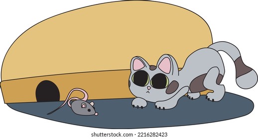 Illustration of a gray cat and mouse. A pet hunts a rodent near a mink. Home interior, predator and prey, kitten and toy. Ready to use eps for your design