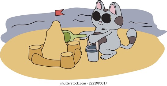 Illustration of a gray cat on the coast. A pet builds a sand castle near the water. Toy shovel and bucket, cute kitten playing in the sand. Ready to use eps for your design