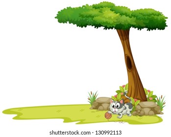 Illustration of a gray cat playing with a string ball under a tree on a white background