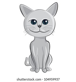 illustration of a gray cat sitting, staring smiling, isolated in white background.