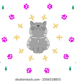 Illustration of a gray cat surrounded by dragonflies and cat footprints.