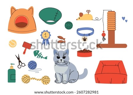 Illustration of a gray cat surrounded by pet essentials including scratching post, toys, grooming tools, food, beds, and collar. Concept for cat care, pet supplies, and feline accessories. Vector