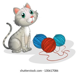 Illustration of the gray cat with toys on a white background