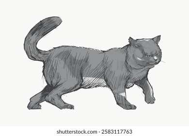 Illustration of a gray cat. The cat is walking, with a bushy tail. Gray cat with a focused expression. Sketch of a gray  in motion, tail raised. Vintage illustration vector.