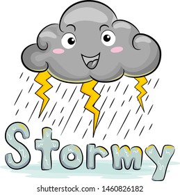 Illustration of a Gray Cloud with Rain and Lightning and Stormy Lettering