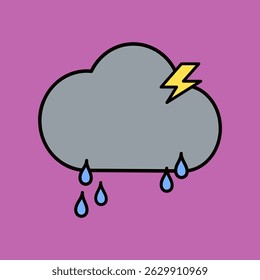 Illustration of a gray cloud with raindrops and a yellow lightning bolt on a purple background. The cloud, rain, and lightning create a stormy weather icon. Cute illustration vector.