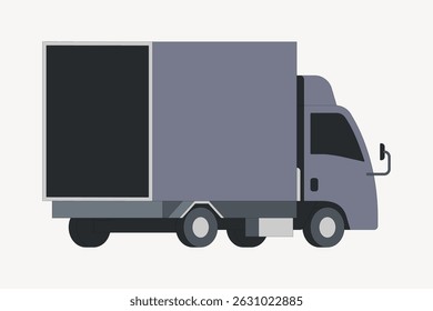 Illustration of a gray delivery truck with a large cargo area, featuring a simple, flat design. The truck is depicted in a side view on a white background. Illustration vector.