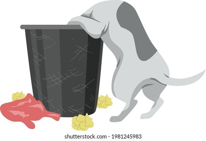 Illustration of a Gray Dog Rummaging Through a Garbage Can Looking for Food