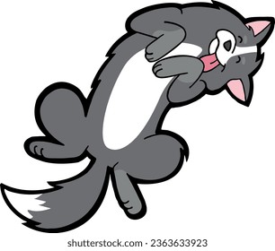 
illustration of a gray furry dog ​​with white spots lying down smiling, wagging its tail and sticking out its tongue