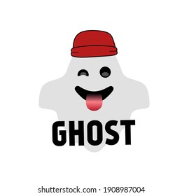 illustration of a gray ghost sticking out its tongue, with a red hat over its head.