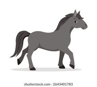 Ilustração de um cavalo cinzento caminhando com juba escura e cauda em fundo branco