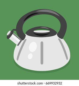 Illustration of a gray isolated kettle for heating water which is put on a hot plate in a vector on a green background