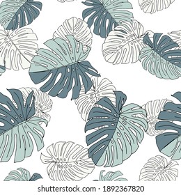 An Illustration of gray leaves monstera isolated on a white background. Seamless pattern