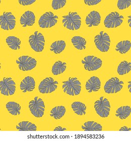 An Illustration of gray monstera leaves isolated on a yellow background. Seamless pattern