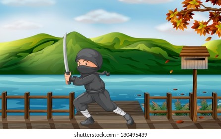 Illustration einer grauen Ninja mit scharfem Schwert in der Nähe des hölzernen Postfachs