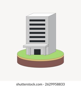 Illustration of a gray office building. The building is tall and rectangular, featuring multiple floors. The office building is set on a circular base. Illustration vector.