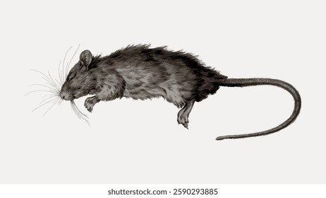 Illustration of a gray rat with detailed fur texture. The rat is depicted in a realistic style, showcasing its long tail and whiskers against a plain background. Vintage animal illustration vector.