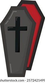 Illustration of gray and red coffin with a black cross on top. Halloween object with open lid.