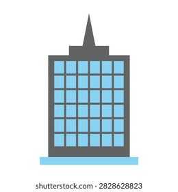 Illustration of a gray skyscraper building with blue windows and a spire tower on a white background