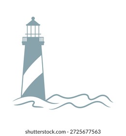 Illustration eines grauen und weißen Leuchtturms am Meer