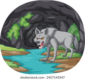 Illustration of a gray wolf near a water stream