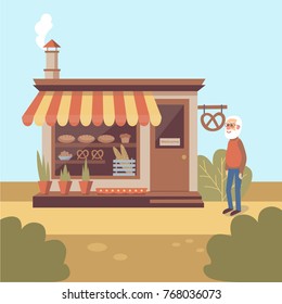 Illustration of gray-bearded old man standing near bakery store building with showcase full of bakery products. Flat vector