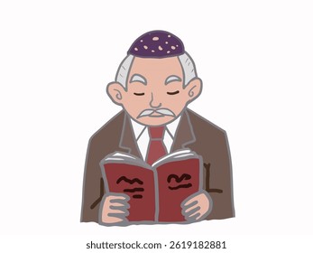 Illustration of a gray-haired elderly man reading the Quran